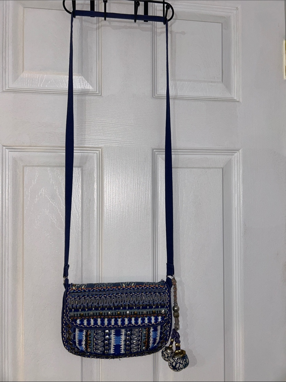 CHICOS- Blue Patterned Embroidered Crossbody Shoulder Bag w Unique Tassel